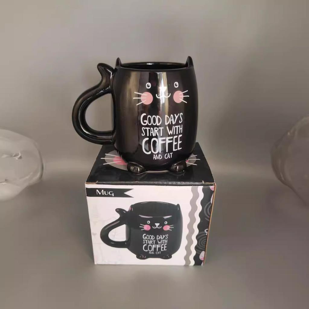 Hrnek Kreslený Keramický Šálek Černá Kočka Šálek Šedá Kočka Šálek Kancelářský Šálek na Vodu Dětský Šálek na Mléko Snídaňový Šálek