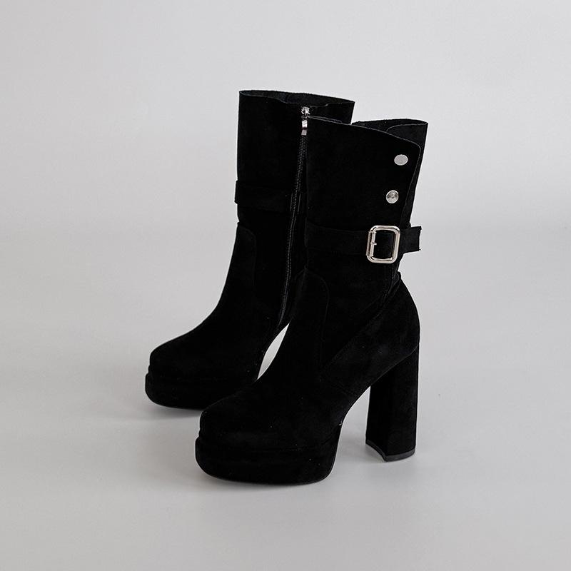 Frosted thick heel slim retro thick-soled sleeve western boots women's autumn and winter new fashion Martin boots