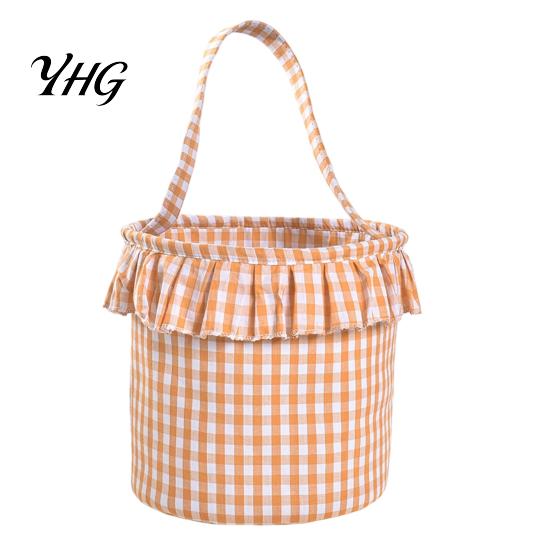 Easter Egg Hunt Carriers Halloween Basket, Plaid Ruffle Trick or Treat Candy Bucket with Handle Festive Party Favor Holders for Kids, Reusable Gingham