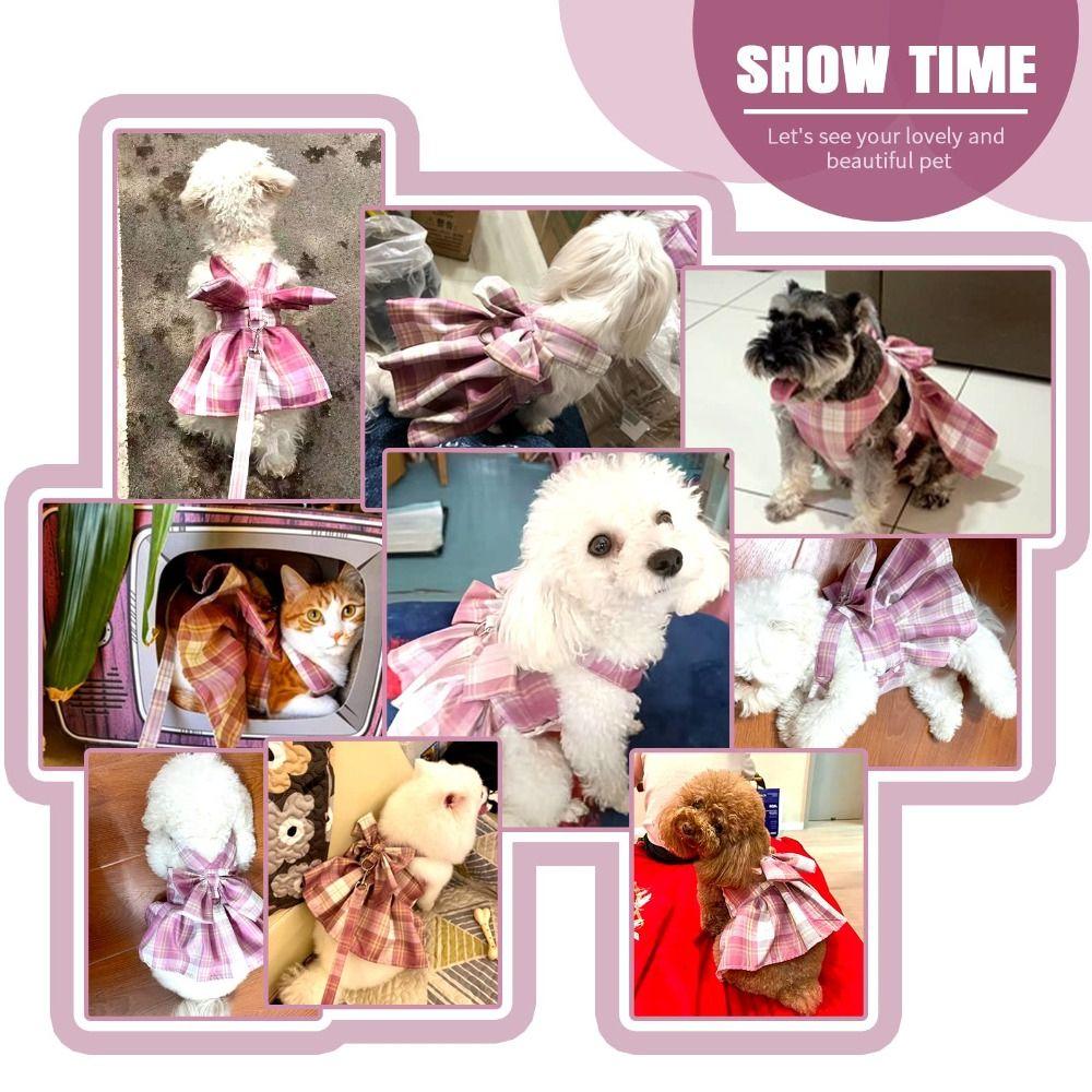 Lattice Dog Dress Dark Pink Pet Clothes for Small Girl Dogs Cats Harness and Leash Set