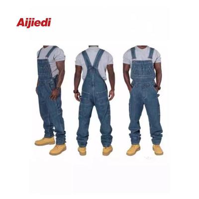 Men's Cross-border Denim Jumpsuit with Multiple Pockets - Dark Blue/Light Blue Workwear Overalls
