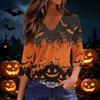 Women's Three-Quarter Sleeve V-Neck Top with Halloween Print for Casual
