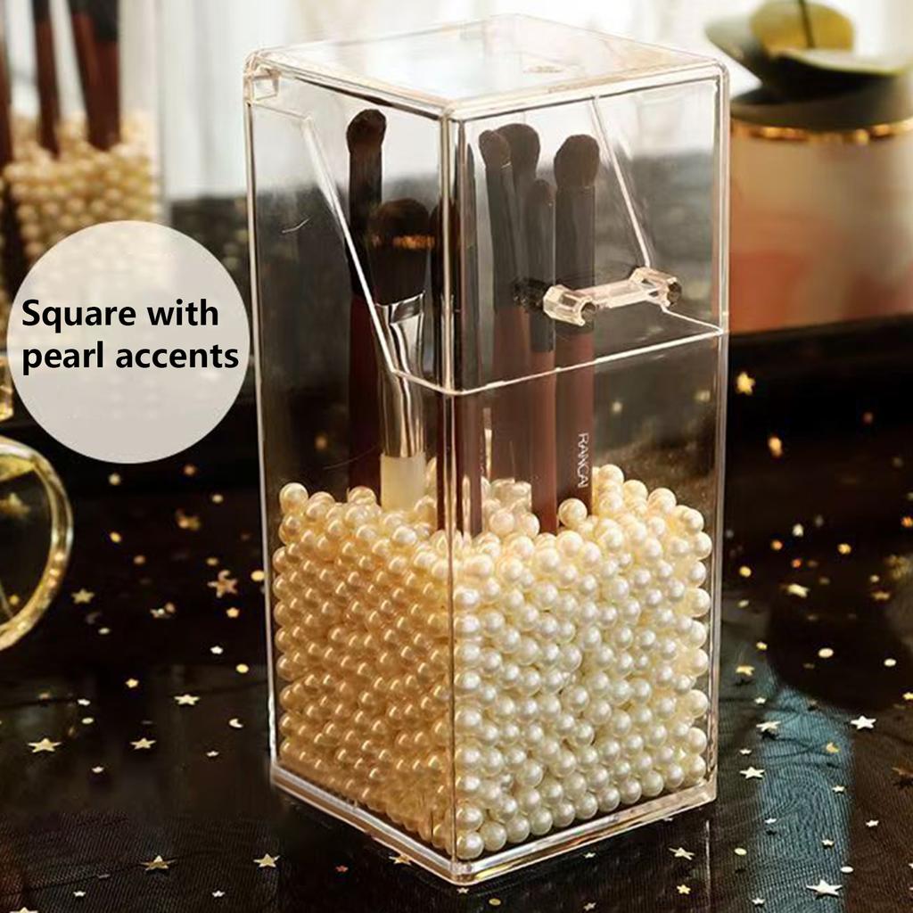 Cosmetic Brush Storage Box Transparent Acrylic Organizer Box With Pearl Decorations For Makeup Household Bathroom Storing Box