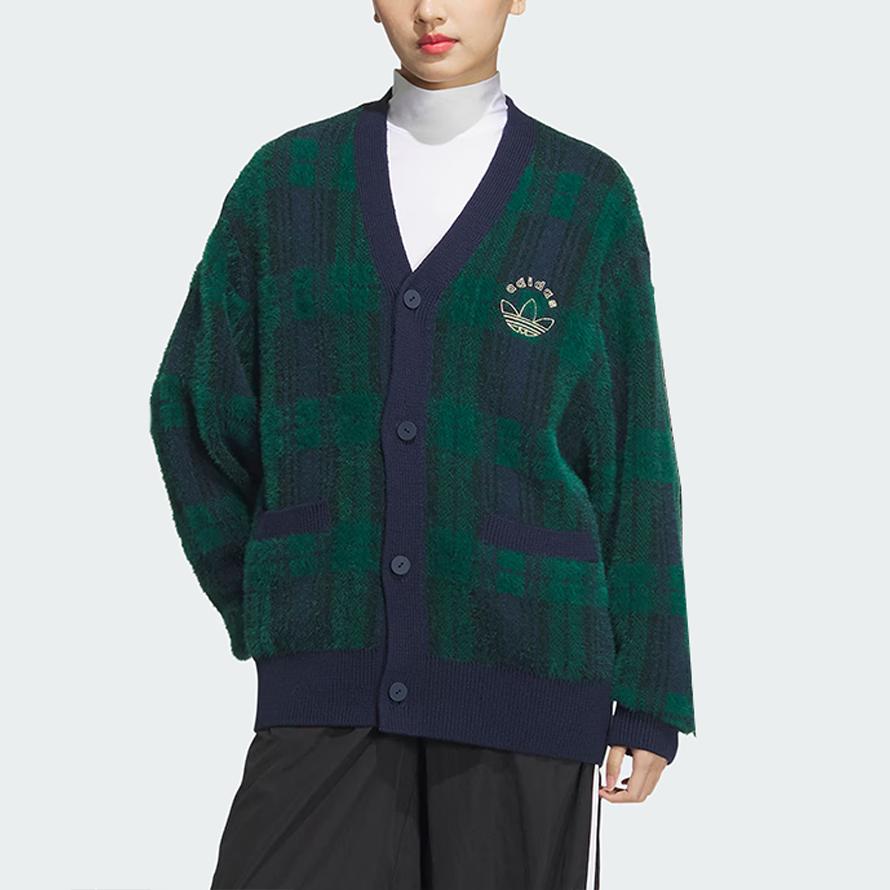 Adidas Originals Cardigan Spo Knit Casual Comfortable Loose V-Neck Plaid Pattern Sweater Unisex Tops Forest-Green JC6845