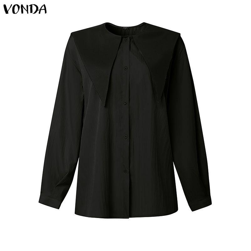 VONDA Женские рубашки блузки с большим отложным воротником, длинным рукавом, свободного кроя, пэчворк M чёрный