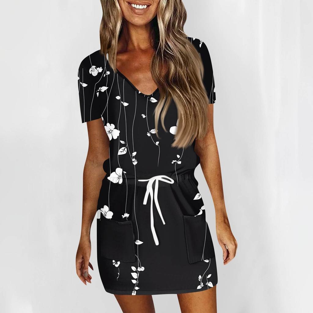 Women's Fashion Casual V-Neck Short Sleeve Drawstring Sequin Printed Dresses