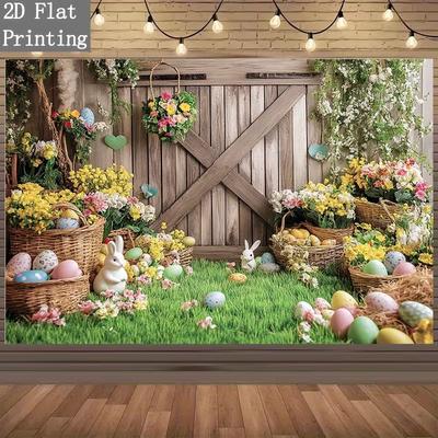 2D Farmhouse Easter Backdrop Wooden Gate & Pastel Eggs Photo Booth Background