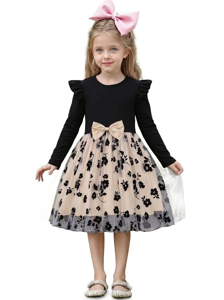 Süßes Kleinkind Mädchen Blumenmuster Tüllkleid Puffärmel Elegantes Prinzessinnenkleid für den Alltag und Partys