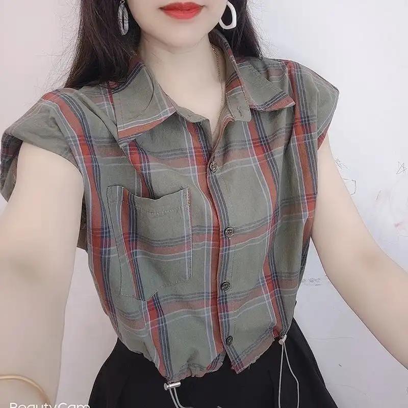 New All Match Sleeveless Checkered Shirt for Summer Slimming Loose Drawstring Casual Short, Casual Top for Women