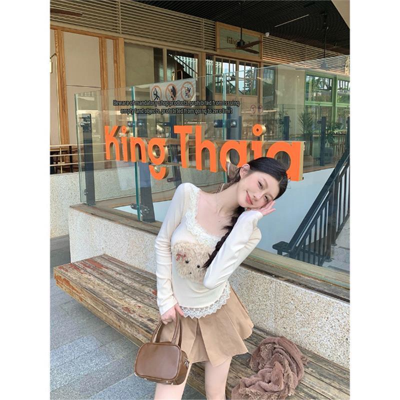 

Женская милая вязаная футболка с кружевной отделкой в виде щенка - осенне-зимняя приталенная базовая майка в сладко-остром стиле S абрикосовый