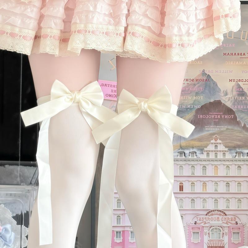 Milk White Lolita Velvet Knee Socks Long Tube Spring And Autumn Lace Ribbon Bow High Tube Socks Lolita