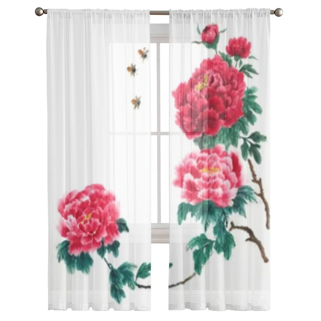 Chinese Peony Flowers Sheer Window Curtains For Living Room Bedroom Modern Voile Tulle Curtains Fabric Drapes For Kitchen