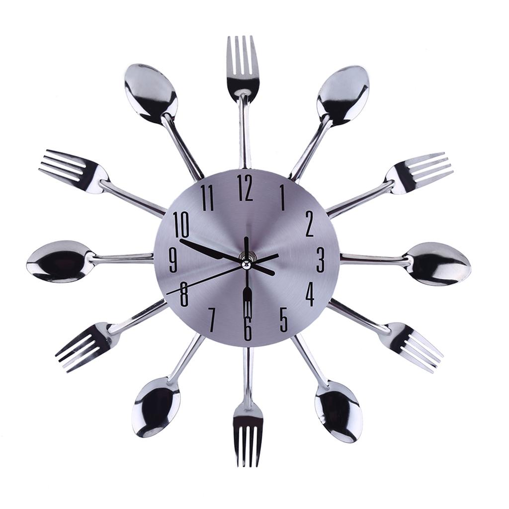 Large 3D Mirror Surface Silver Modern Design Cutlery Kitchen Utensil Spoon Fork Wall Clock DIY