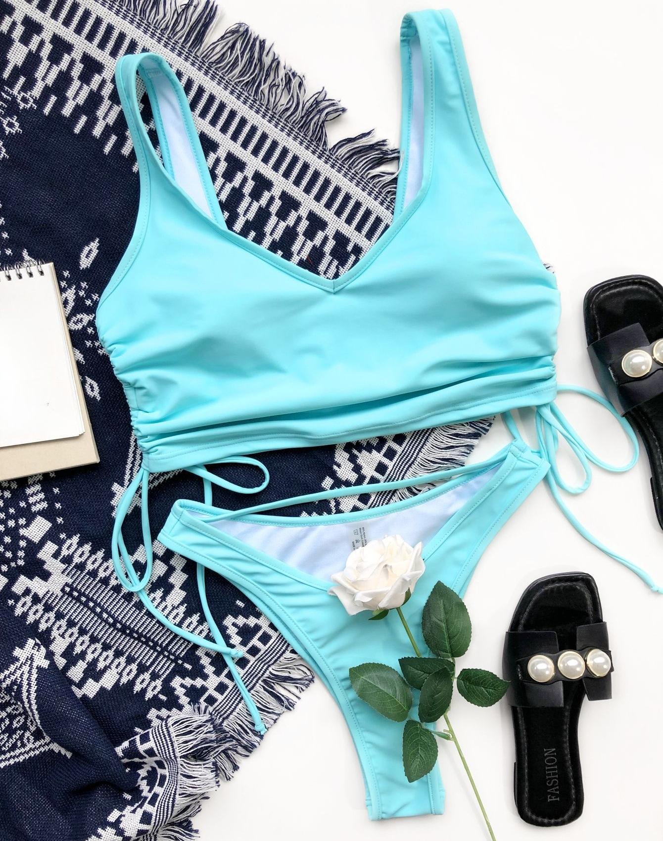 

Женский купальник, сексуальный комплект бикини с завязками по бокам и высокой талией S синий