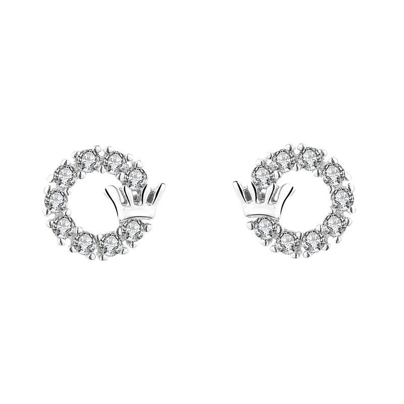 S925 Sterling Silver Crown Stud Earring Geometric Full Diamond Female Korean Style Fresh and Stylish Ear Rings Ear