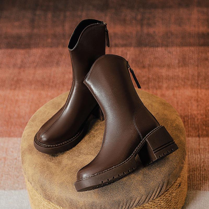 Bruna retrokorta stövlar med V-formad öppning, nya höst- och vinterstövlar för kvinnor, tjockbottnade Martin boots, medelhöga damstövlar.