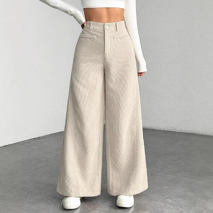 

Women s High-Waisted Wide-Leg Pants Corduroy-Textured Casual Trousers Side Pockets Comfort Beige Trousers for Women S бежевый