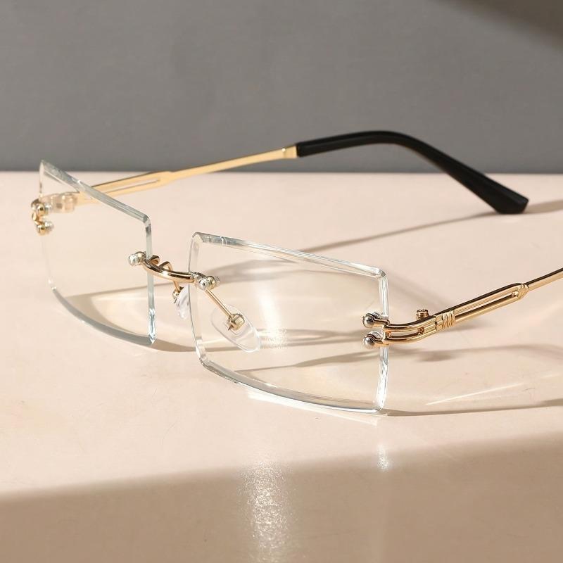 2PCS Ladies' Fashionable Square Frameless Metal Frame Glasses Trendy Transparent Lens Glasses