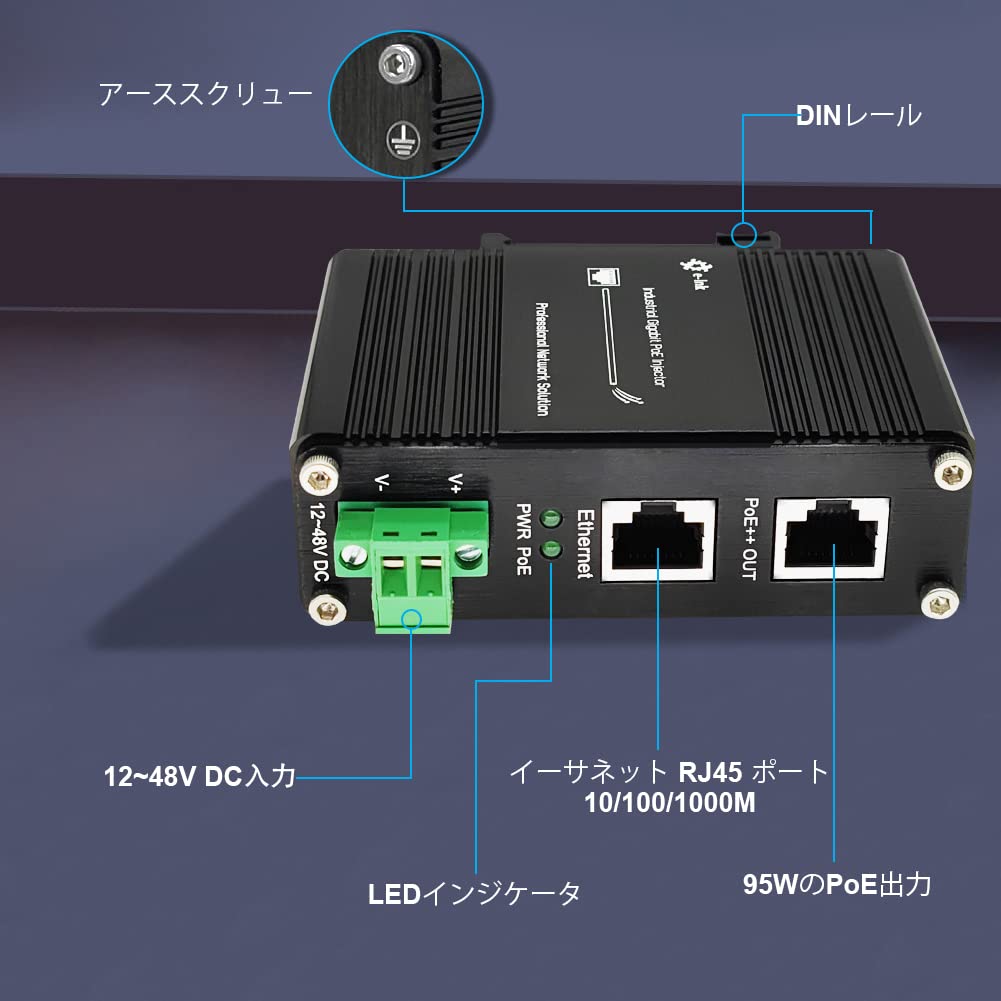 Injector Gigabit industrial Steloproad, 48V DC 95W, ieșire până la 100m, montare pe șină DIN, adaptor PoE de mare putere, întărit, la CIP40 PoE++ PoE++ -40°C 80°