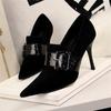 Fashion Women Fashion High Heel Punk Pumps Elegant Wedding Pointed Toe Flock Suede Deep Mouth Belt Buckle Slip On Black Prom Shoes