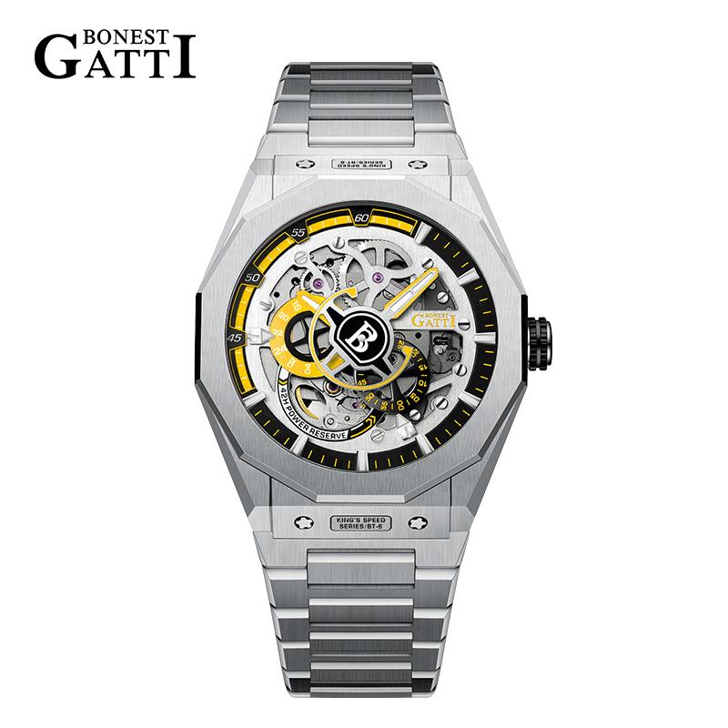 BONEST GATTI Men's Watch German Automatic Mechanical Skeleton Luminous Stainless Steel Bracelet Men's High-End Watches