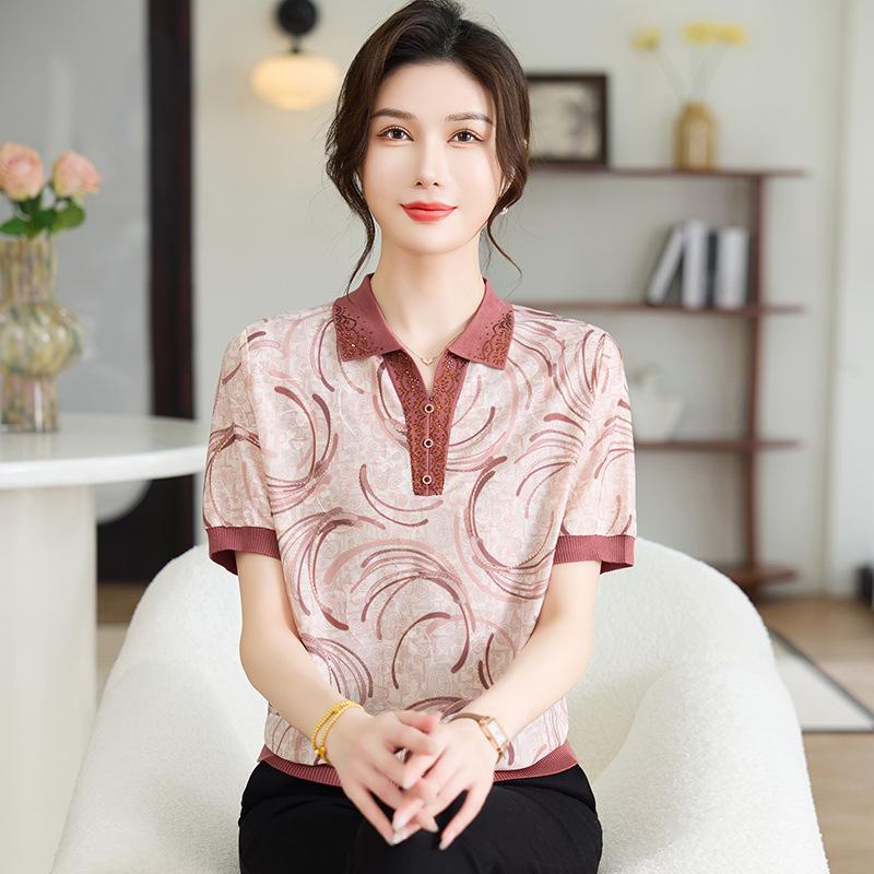 Mom's Ice Silk Short-Sleeve Blouse | Stylish Summer Knit T-shirt for Middle-Aged & Elderly Women