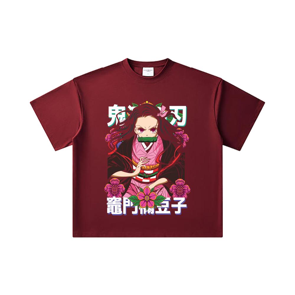 260 GSM Double Yarn 32 Count 100% Cotton Demon Slayer V70 Nezuko Flower Print Unisex Heavy Cotton T Shirt