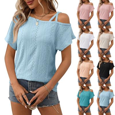 Women's Fashion Solid Color Single Shoulder Short Sleeve Hollow Head T-shirt Top