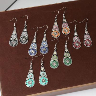 Retro Ethnic Style Colored Dripping Flower Earrings Long Water Drop-Shaped Diamond Earrings Multi-Color