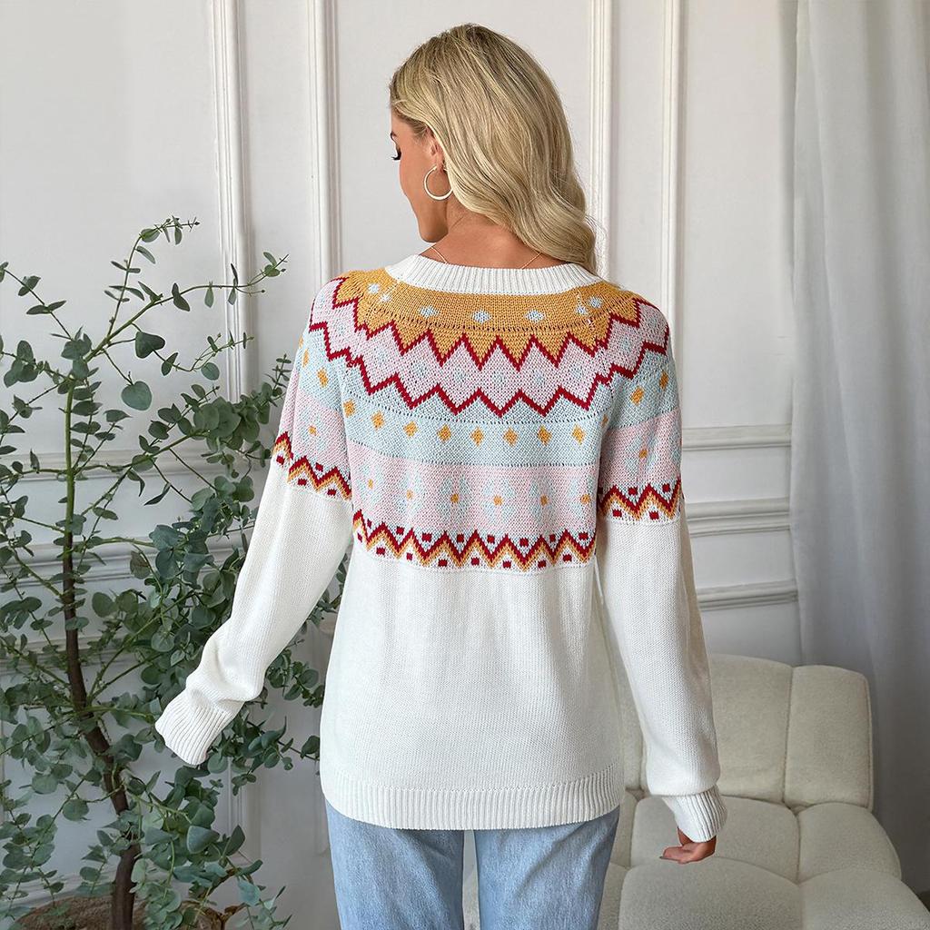 Women's Fashion Casual Fall Winter Colour Block Print Long Sleeve O-Neck Sweaters