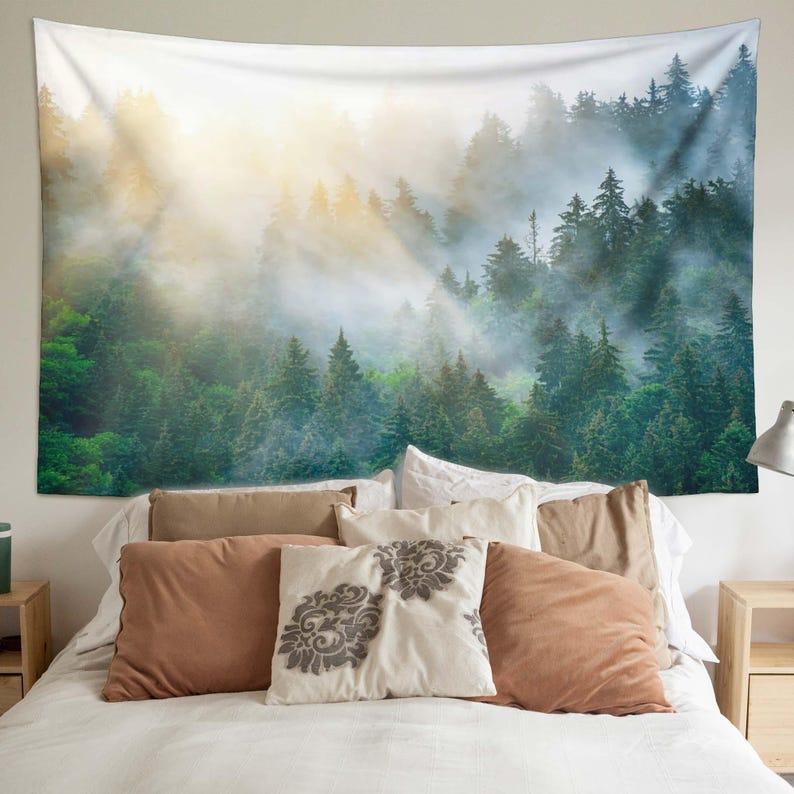 Pine trees, misty forest, nature tapestry 75x100 чёрный