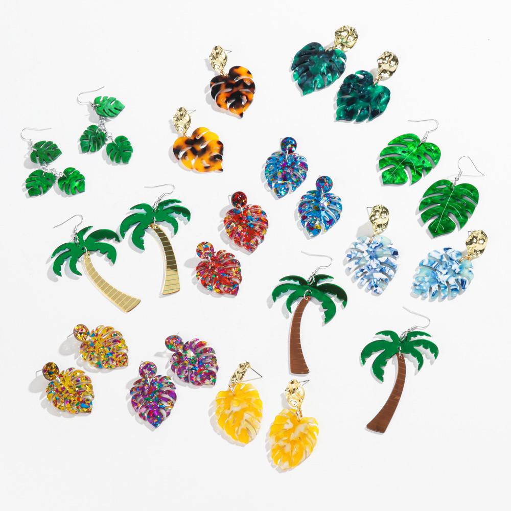 Fashion Acrylic Coconut Tree Monstera Leaf Drop Earrings for Women Boho Palm Leaf Tropical Plant Earrings Vacation Jewelry Gift