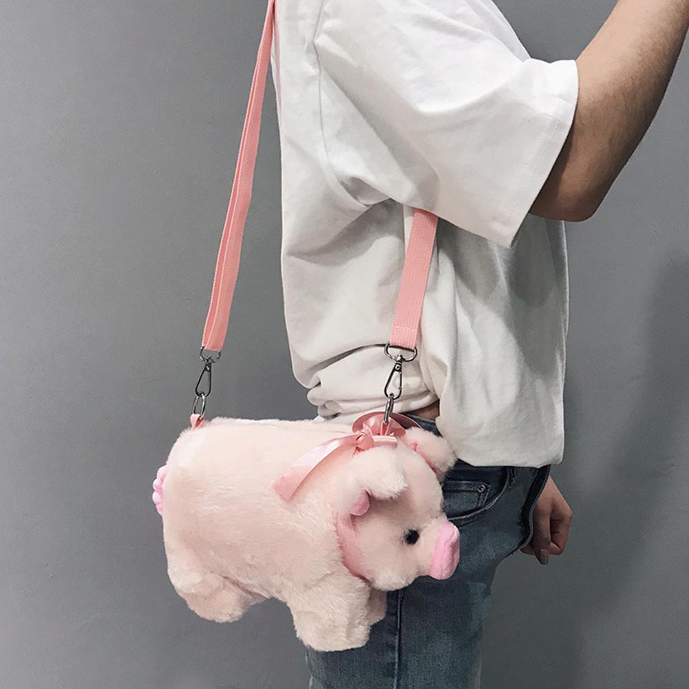 Cute Pink Pig Plush Crossbody Bag Soft Kawaii Animal Stuffed Coin Purse With Ribbon Zipper Messenger Satchel