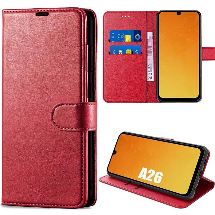 Coque de protection - BOOLING - pour Samsung Galaxy A26 5G - Cuir PU Rouge - Antichoc 360° - Support intégré