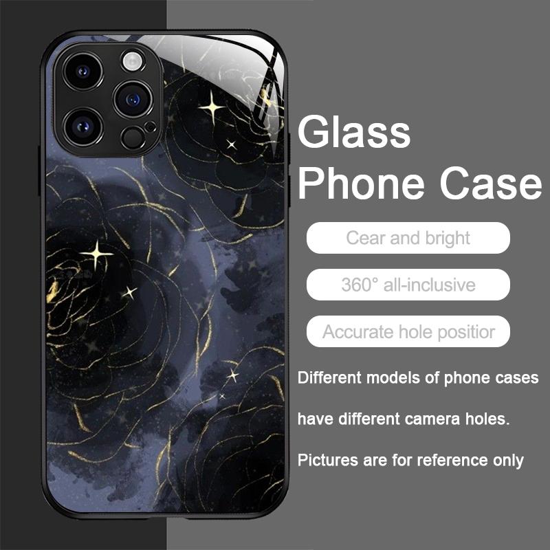 Luxury Black Rose Flower Graphic Tempered Glass Phone Case for IPhone 16 Pro Max 15 14 13 12 Mini 11 XS XR 7 8 Plus Hard Covers