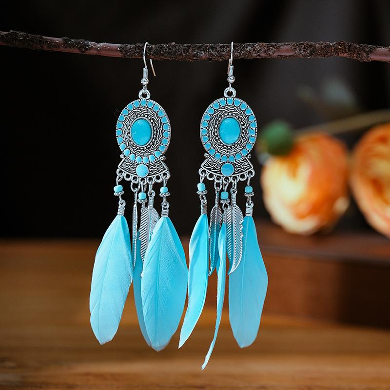 Bohemian Ethnic Long Drop Feather Earrings For Women Beads Handmade Enamel Boho Dangle Earrings Silver Color Jewelry Pendientes