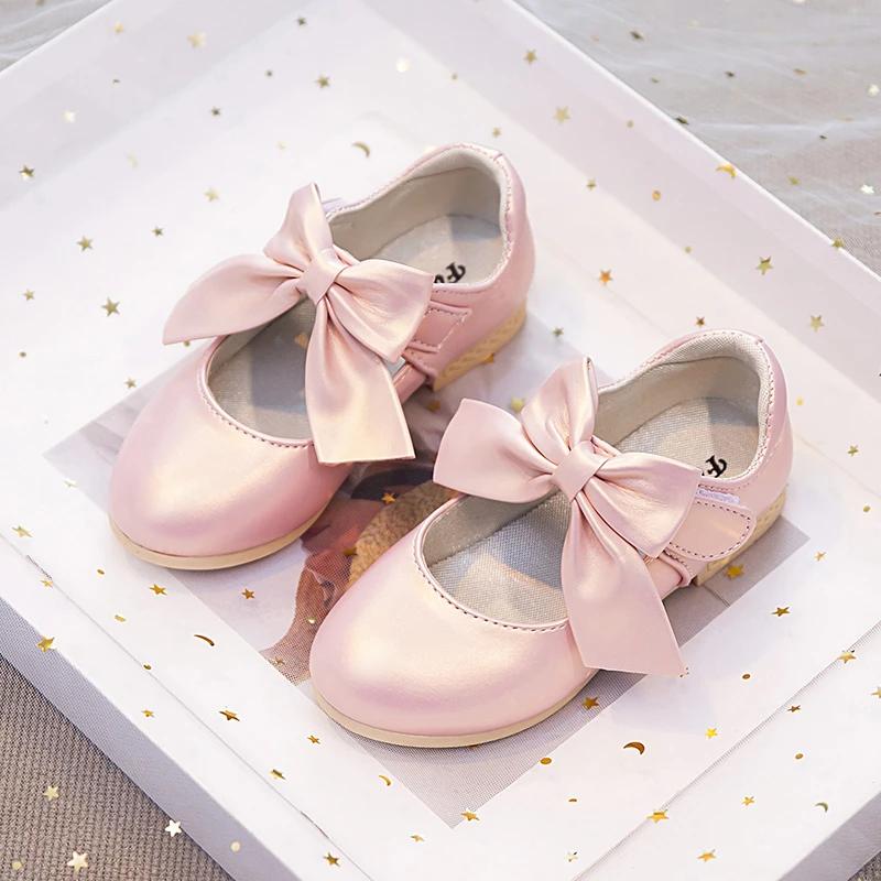 Girls Shoes with Big Bow Knot Princess Sweet Classic Fashion Children Party Shoes White Wedding Soft Anti Slippery