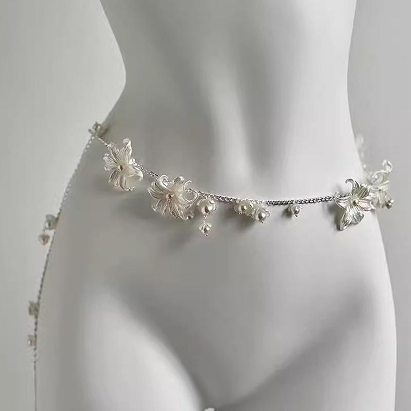Flower Pearl Tassel Necklace Ladies Sexy Pearl Multi-Layer Body Chain Elegant Waist Chain For Beach Outfit  Accessory