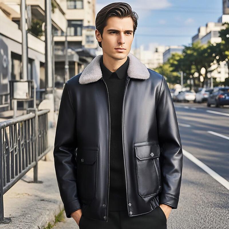 Men's Winter Mink Fur Collar Sheepskin Leather Goose Down Jacket