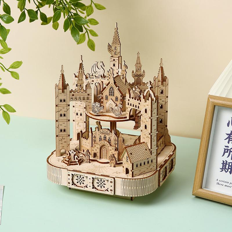 3D Wooden Puzzle Musical Octagonal Box Rotatable Touring Train Castle Model Mechanical Kit Decor DIY Toy Gift for Kid Adult