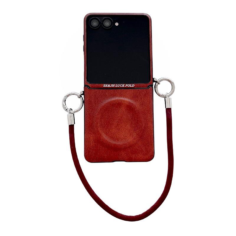 Business Crazy Horse Pattern Magnetic Case for Samsung Z Flip7: Foldable, Anti-Drop, Anti-Lost Lanyard, Compatible with 6/5 Gen.