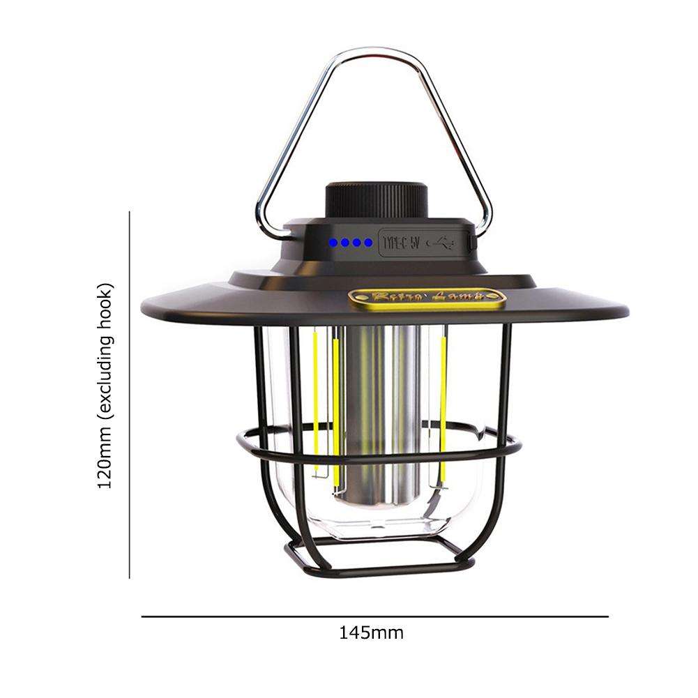 LED Camping Light Retro Hanging Tent Lamp Waterproof Type-c Charging with Hook Battery Indicator Emergency Light for Outdoor
