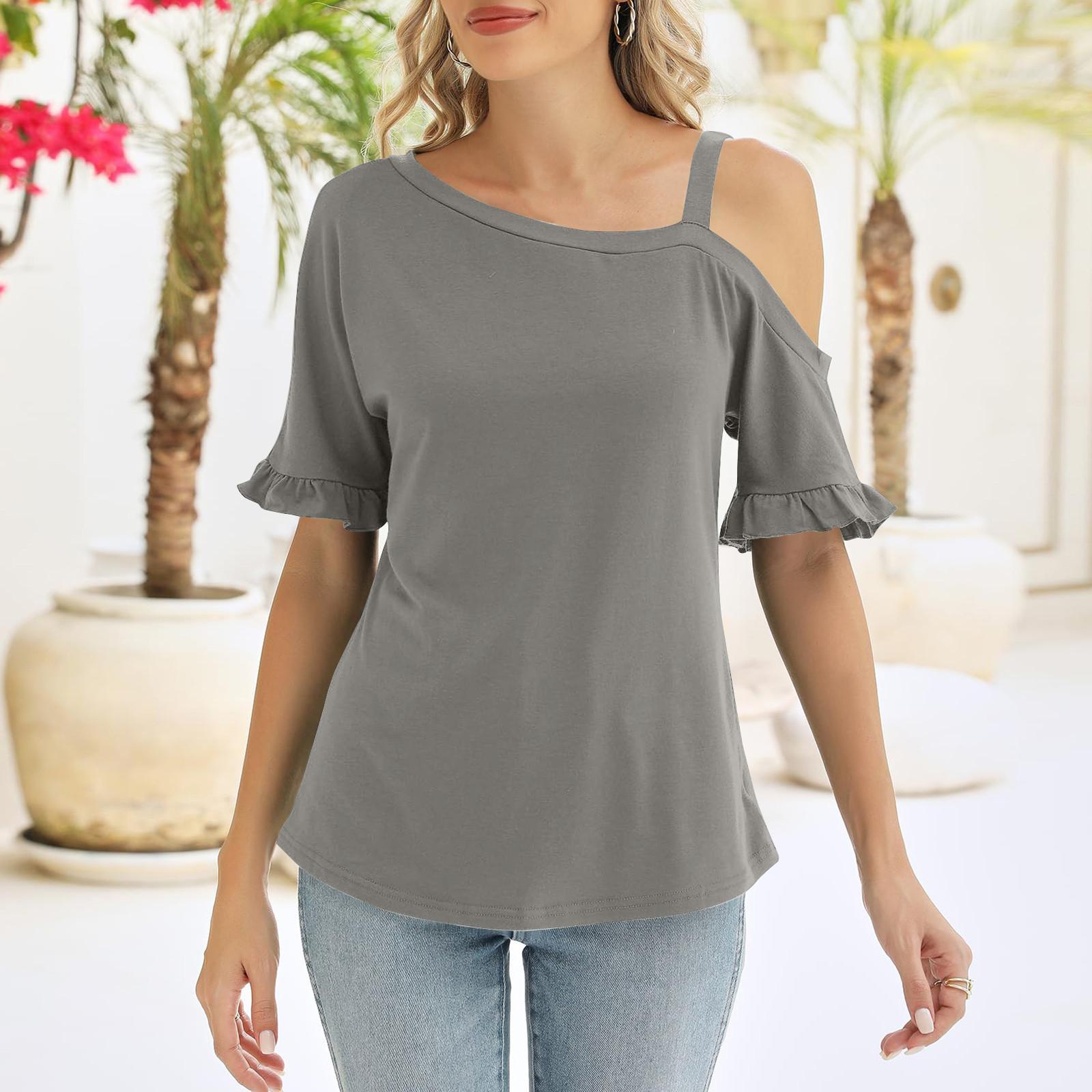 

Women S Tops, Short Sleeved Shirts, Bateau Collar, Loose Casual Shirts, Color Printed Ruffle Sleeves T-Shirts XL