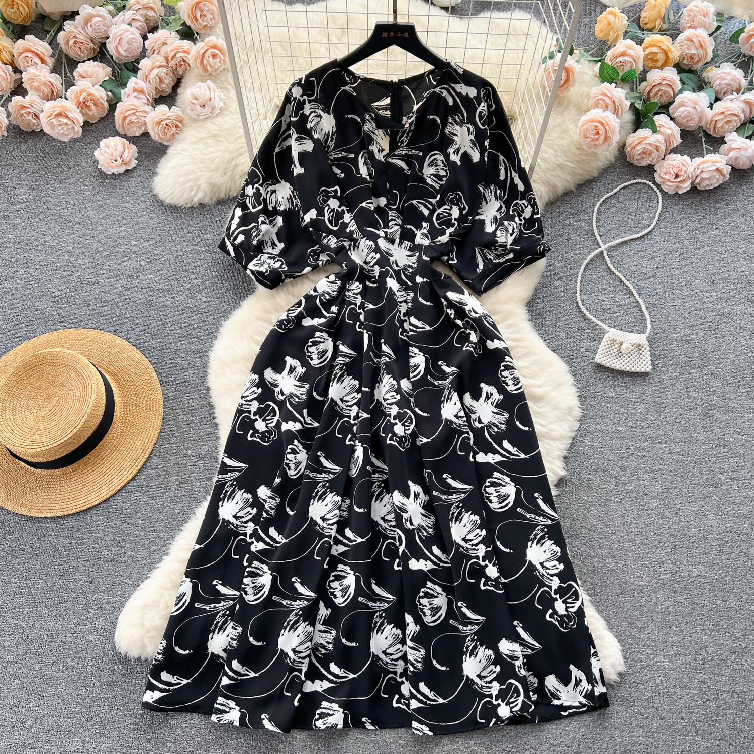 

Платье с пышными рукавами и цветочным принтом на талии, женское летнее облегающее пляжное платье в стиле супер феи в курортном стиле One Size чёрный