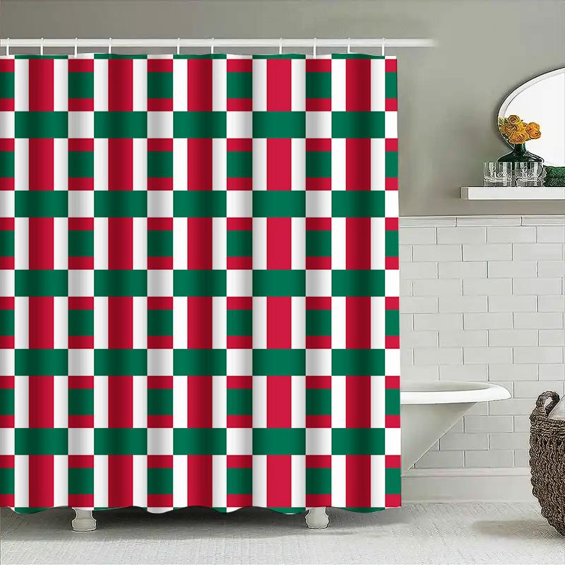 Plaid Waterproof Shower Curtain Rectangular Checkered Bath Mat Decor For Home Bathroom Decoration In Red Green Colors (White Rec
