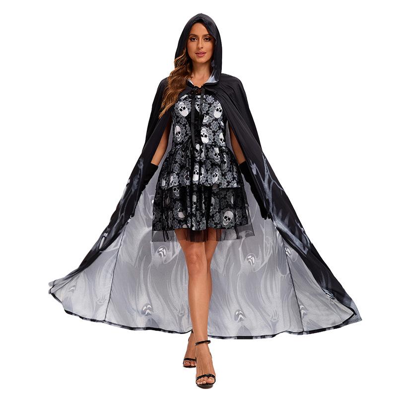 Girls Halloween Costume Neck Sling Skull Print Dress Horror Ghost Bride Cosplay