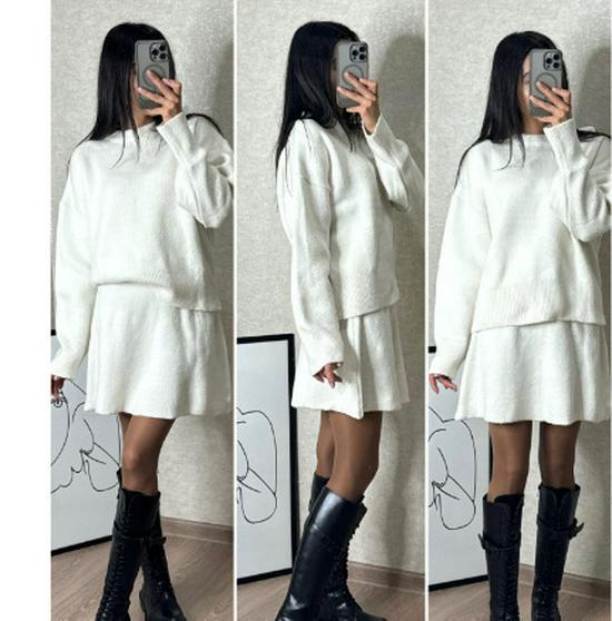 2024 Herbst Einfarbig Lässig College-Stil Gestrickter Pullover Rock Anzug für Damen