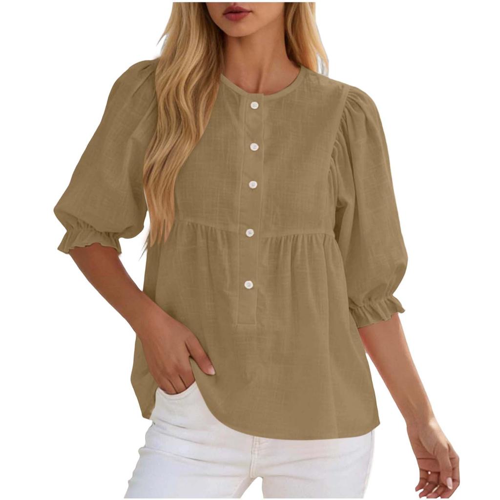 Womens Tops Half Puff Sleeve Shirts Cotton Ruffled Blouses Summer Button Up Blouses