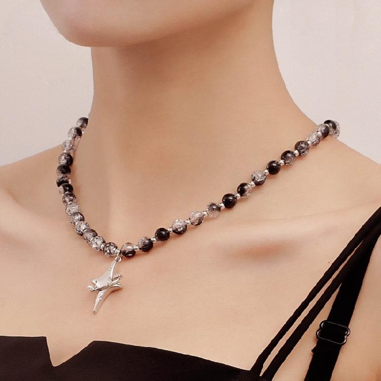 Vintage Beaded Crossed Star Necklace for Women Fashion Aesthetic Y2k Jewelry