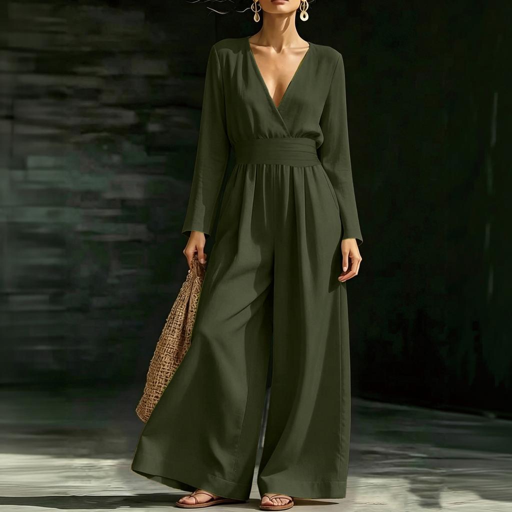 Damen V-Ausschnitt Taillenbetonender Langarm-Jumpsuit, Farbe, Elegant für Arbeit und Abend
